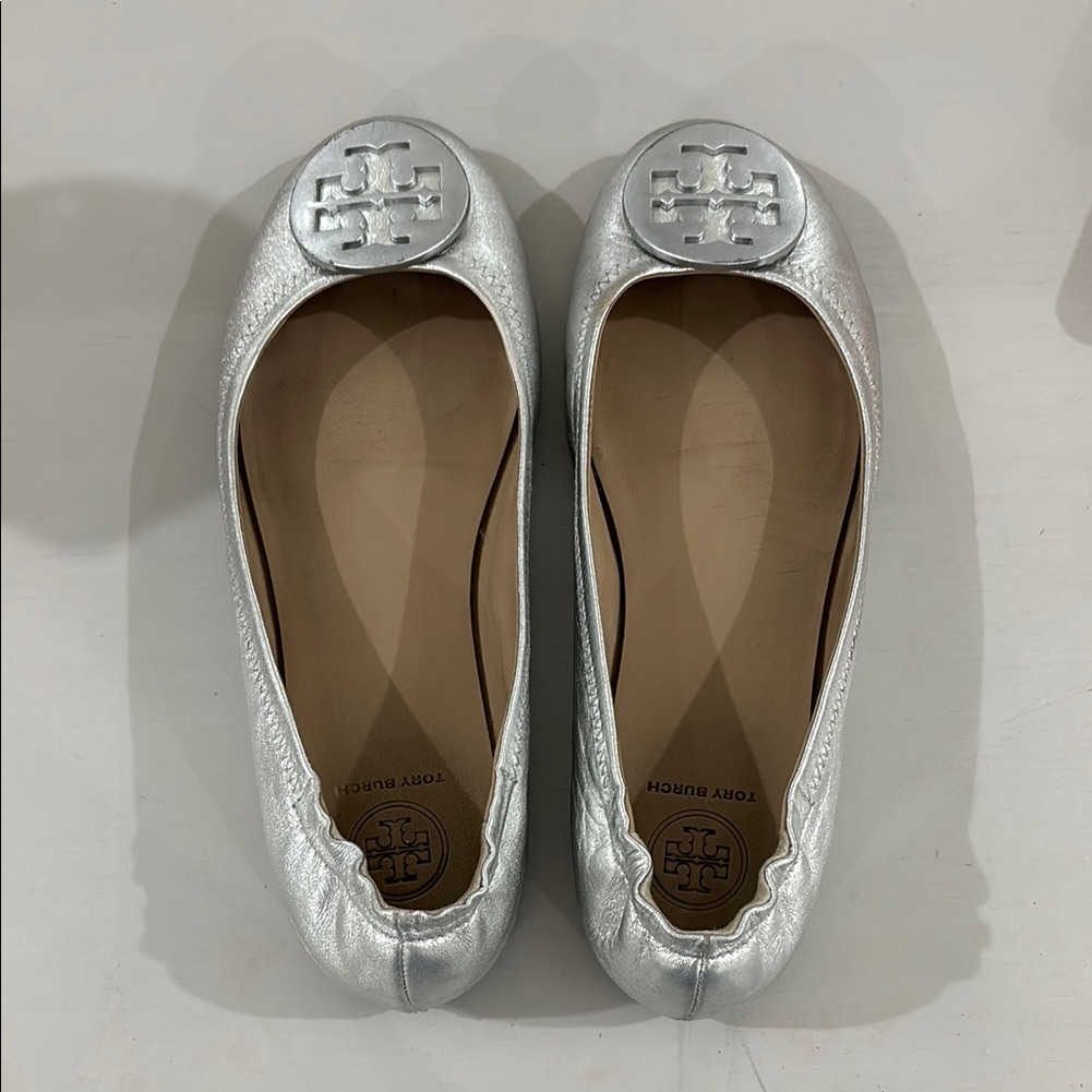 Tory Burch Silver Flats With Medallion Logo